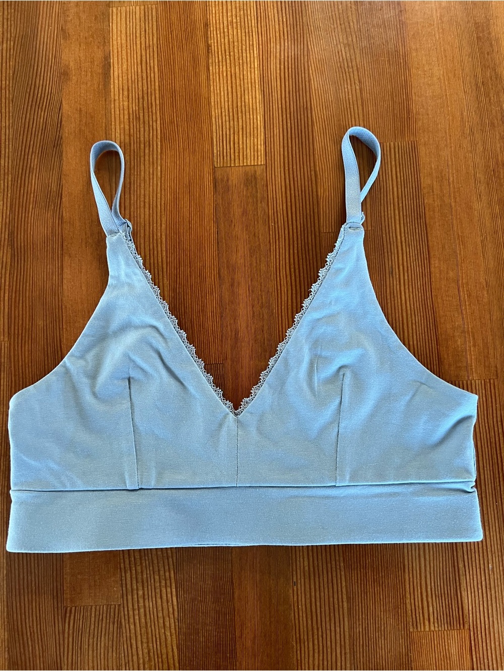 NWOT Pact Organic Cotton Pretty Plunge Bra/Bralette
Size S Color: Steel Blue